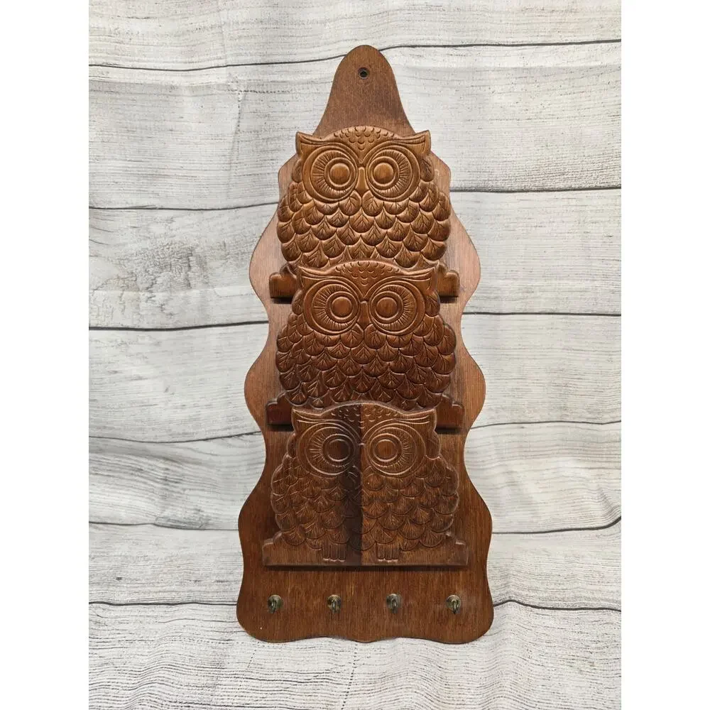 Vintage Wood Owl Mail Holder & Key Hook. MCM. Three Owl Letter Holder